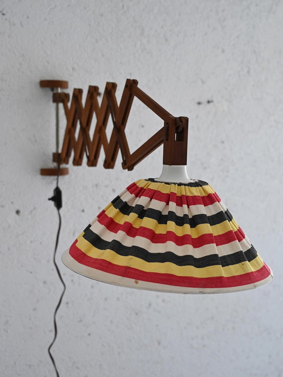 Image 1 of 1940S Scandinavian Wall Lamp With Extendable Wooden Arm And Striped Fabric Lampshade