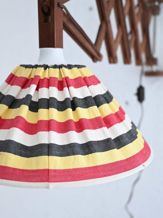 Image 1 of 1940S Scandinavian Wall Lamp With Extendable Wooden Arm And Striped Fabric Lampshade
