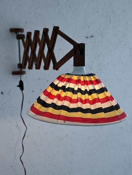 1940S Scandinavian Wall Lamp With Extendable Wooden Arm And Striped Fabric Lampshade