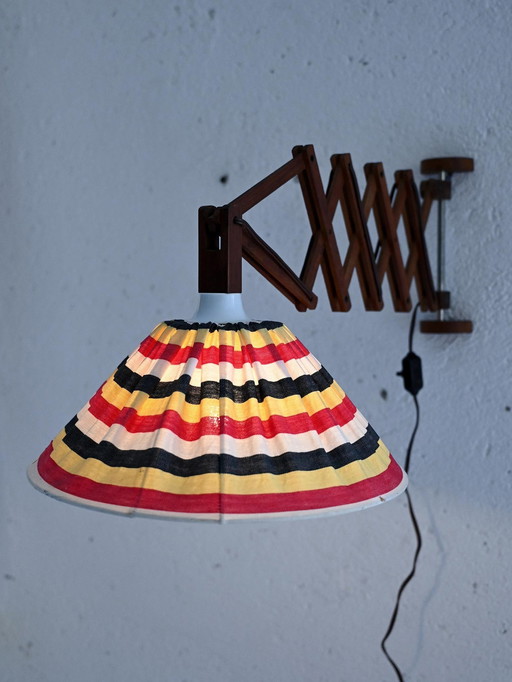 1940S Scandinavian Wall Lamp With Extendable Wooden Arm And Striped Fabric Lampshade