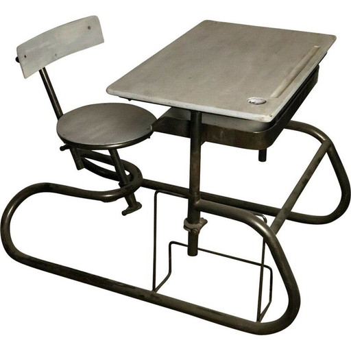 Vintage American adjustable school desk in wood and iron