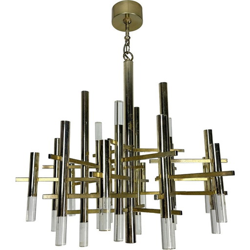 Vintage 15-light chrome steel and plexiglass chandelier for Sciolari, Italy 1960