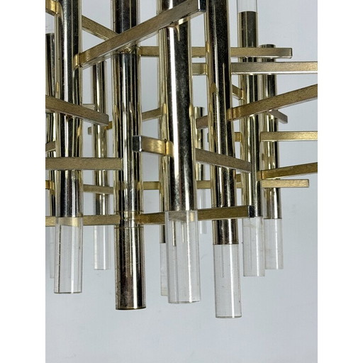 Vintage 15-light chrome steel and plexiglass chandelier for Sciolari, Italy 1960