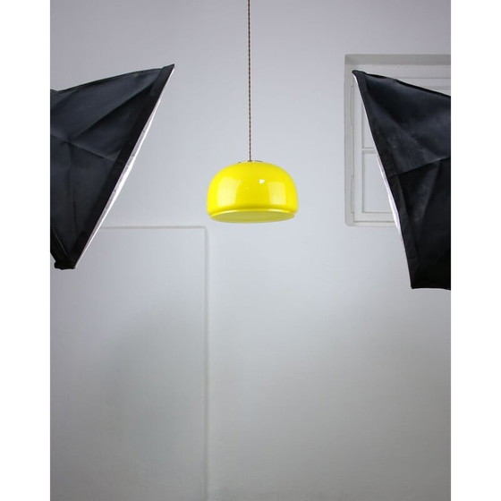 Image 1 of Mid-century yellow glass and brass pendant lamp