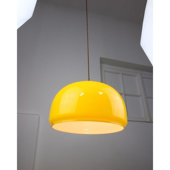 Image 1 of Mid-century yellow glass and brass pendant lamp