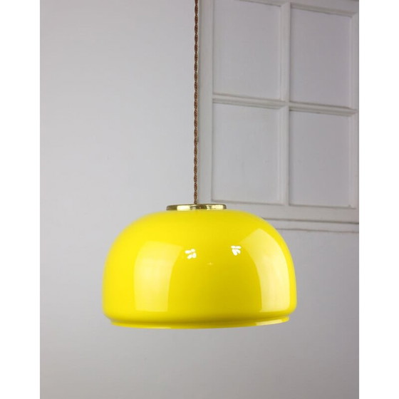 Image 1 of Mid-century yellow glass and brass pendant lamp