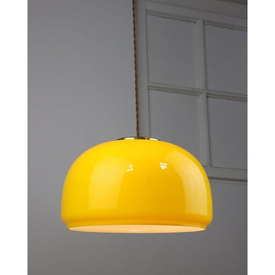 Image 1 of Mid-century yellow glass and brass pendant lamp
