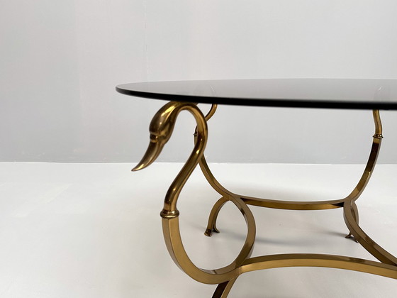 Image 1 of Brass Coffee Table With Swan Heads & Rook Glass Top | Maison Jansen Style