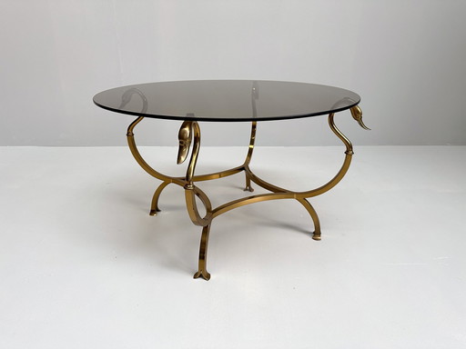 Brass Coffee Table With Swan Heads & Rook Glass Top | Maison Jansen Style