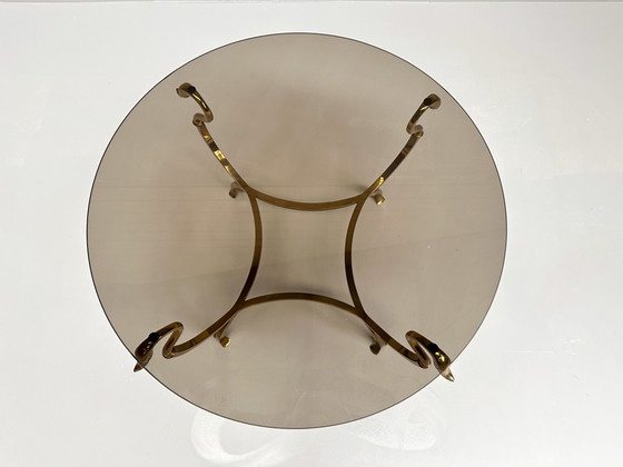 Image 1 of Brass Coffee Table With Swan Heads & Rook Glass Top | Maison Jansen Style