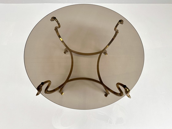 Image 1 of Brass Coffee Table With Swan Heads & Rook Glass Top | Maison Jansen Style