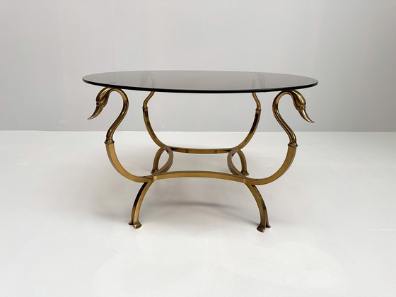 Image 1 of Brass Coffee Table With Swan Heads & Rook Glass Top | Maison Jansen Style