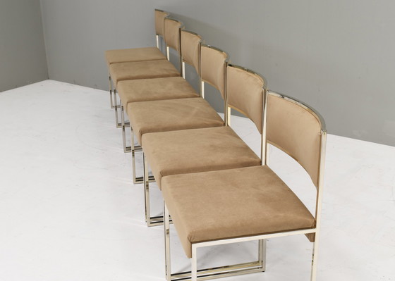 Image 1 of Set of 6 Willy Rizzo attributed dining chairs in gold plate and new velvet upholstery – Italy, circa 1970