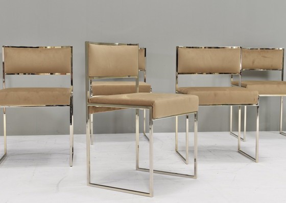 Image 1 of Set of 6 Willy Rizzo attributed dining chairs in gold plate and new velvet upholstery – Italy, circa 1970