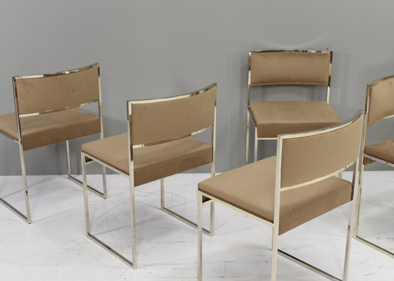 Image 1 of Set of 6 Willy Rizzo attributed dining chairs in gold plate and new velvet upholstery – Italy, circa 1970