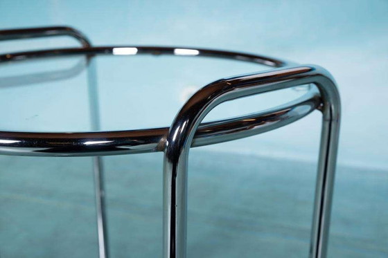 Image 1 of Space age bar trolley 70s, chrome & glass Bauhaus bar cart