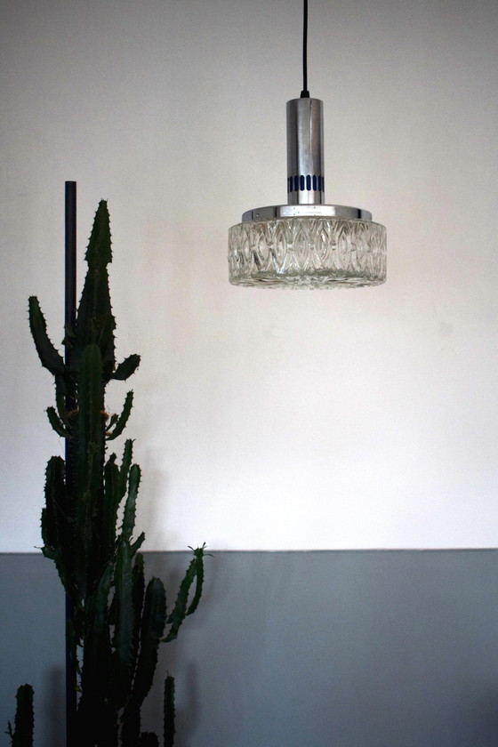Image 1 of Vintage glass hanging lamp with chrome fixture 