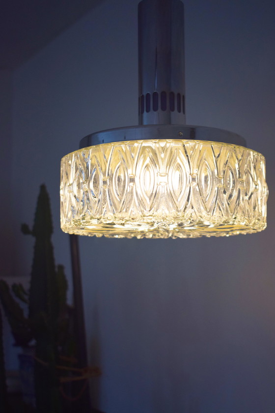 Image 1 of Vintage glass hanging lamp with chrome fixture 