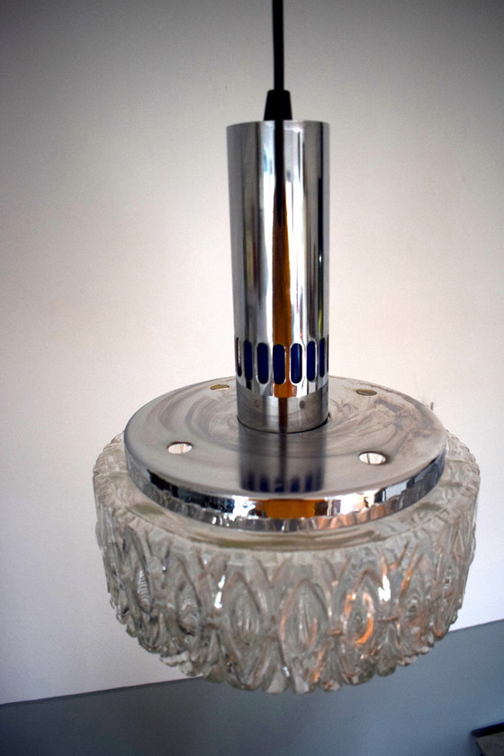 Image 1 of Vintage glass hanging lamp with chrome fixture 