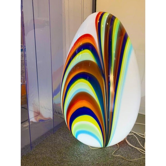 Image 1 of Lampada contemporanea a forma di uovo bianco in vetro di Murano con canne multicolori