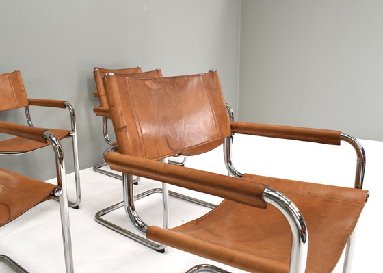 Image 1 of Ensemble de six fauteuils de salle à manger S34 en cuir fauve par Mart Stam pour FASEM - Italie, vers 1960