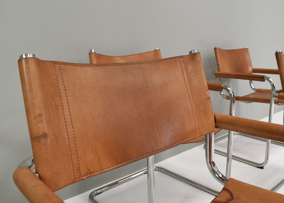 Image 1 of Ensemble de six fauteuils de salle à manger S34 en cuir fauve par Mart Stam pour FASEM - Italie, vers 1960