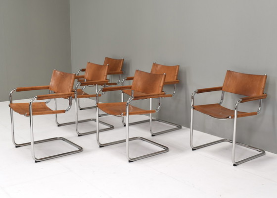 Image 1 of Ensemble de six fauteuils de salle à manger S34 en cuir fauve par Mart Stam pour FASEM - Italie, vers 1960