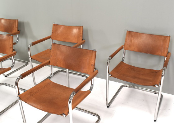 Image 1 of Ensemble de six fauteuils de salle à manger S34 en cuir fauve par Mart Stam pour FASEM - Italie, vers 1960