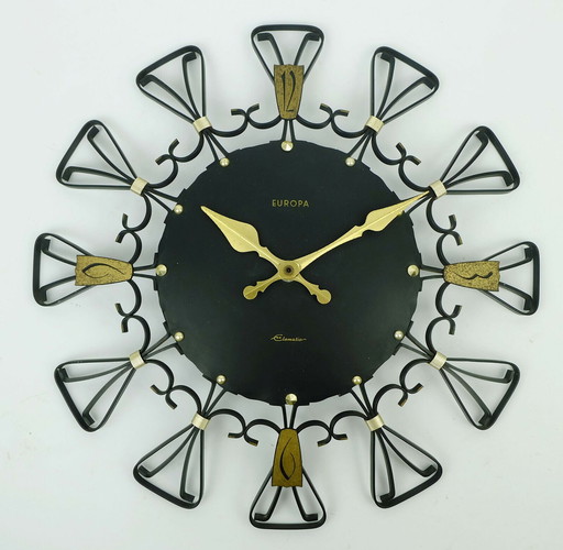 vintage mid century europa elomatic wall clock black metal brass 1960s