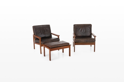 2 x Capella Easy Chairs with Ottoman by Illum Wikkelsø for Niels Eilersen, Denmark 1950s