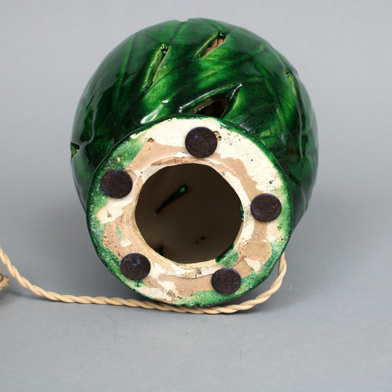 Image 1 of Pieter Groeneveldt (1889-1982) Green glazed table lamp base with cream-colored shade, ca. 1960 