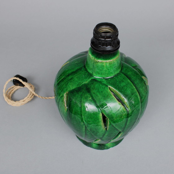 Image 1 of Pieter Groeneveldt (1889-1982) Green glazed table lamp base with cream-colored shade, ca. 1960 