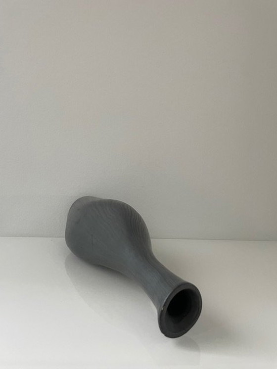 Image 1 of Unique Conical Ceramic Vase, Matte Gray Black Nerf Motif