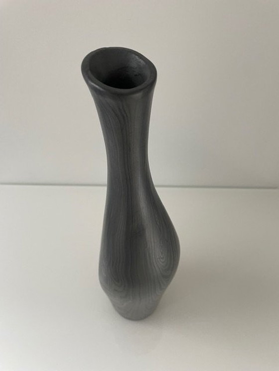 Image 1 of Unique Conical Ceramic Vase, Matte Gray Black Nerf Motif