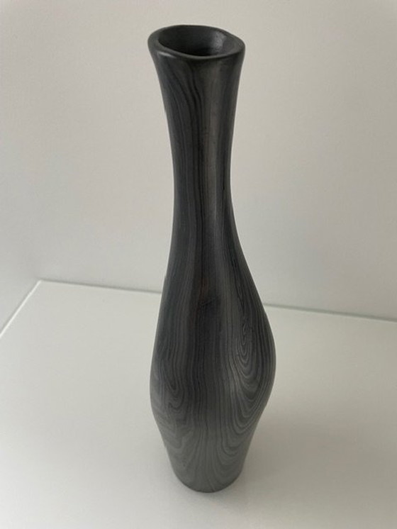 Image 1 of Unique Conical Ceramic Vase, Matte Gray Black Nerf Motif