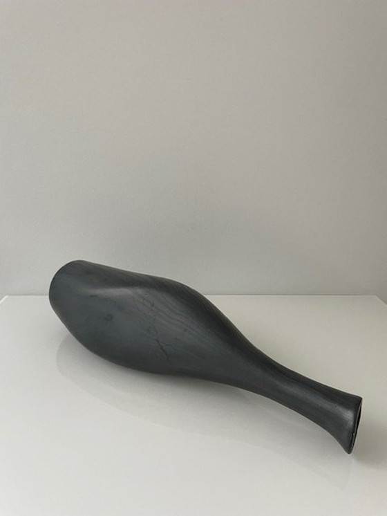 Image 1 of Unique Conical Ceramic Vase, Matte Gray Black Nerf Motif