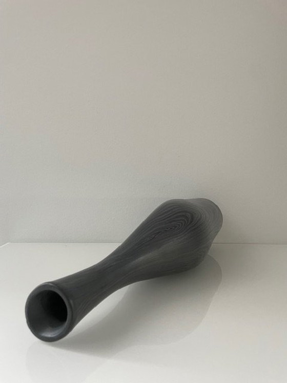 Image 1 of Unique Conical Ceramic Vase, Matte Gray Black Nerf Motif