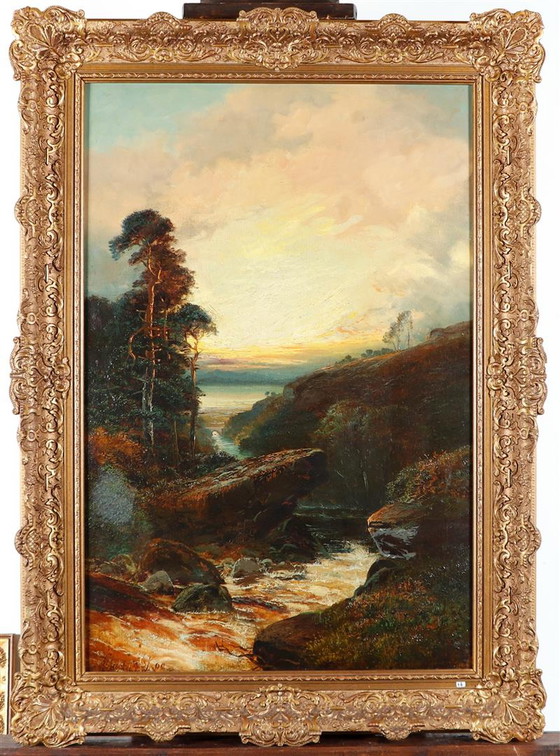 Image 1 of Clarence Henry Roe - Vue d'un ruisseau des Highlands écossais le soir.