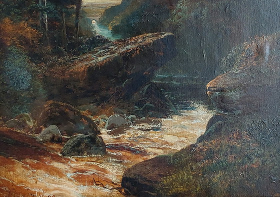 Image 1 of Clarence Henry Roe - Vue d'un ruisseau des Highlands écossais le soir.