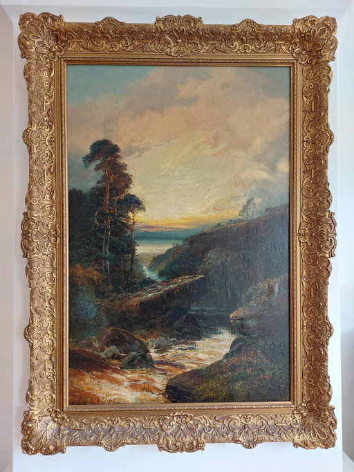 Clarence Henry Roe - Vue d'un ruisseau des Highlands écossais le soir.