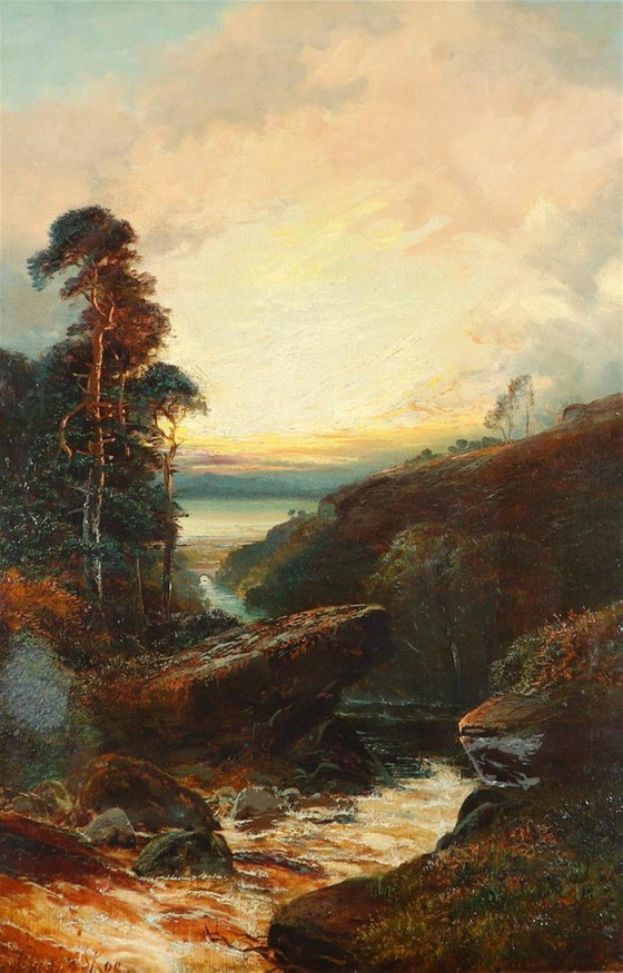 Image 1 of Clarence Henry Roe - Vue d'un ruisseau des Highlands écossais le soir.