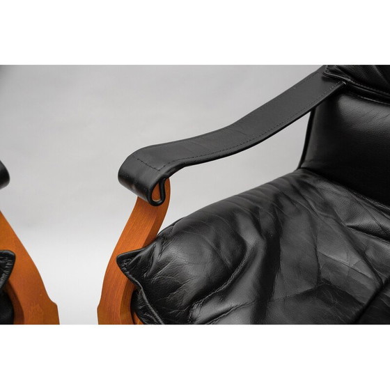 Image 1 of Coppia di poltrone vintage in legno e pelle di Åke Fribytter per Nelo Kroken, Svezia 1960