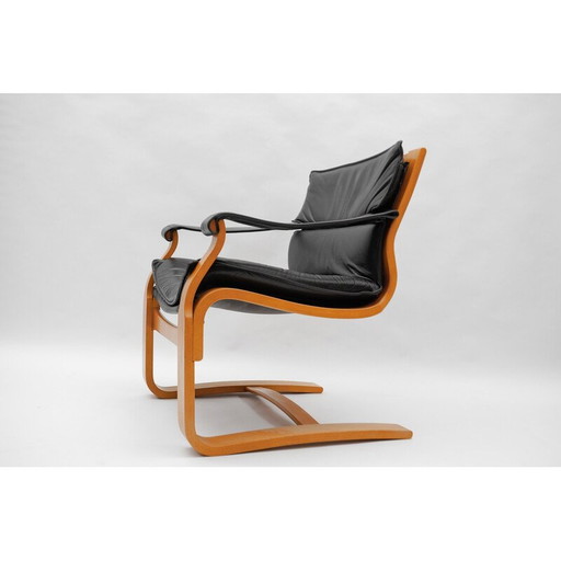 Pair of vintage armchairs in wood and leather by Åke Fribytter for Nelo Kroken, Sweden 1960