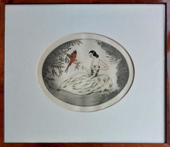 Image 1 of Incisioni a colori Art Déco. Intitolate "Ragazza con pappagallo rosso", 