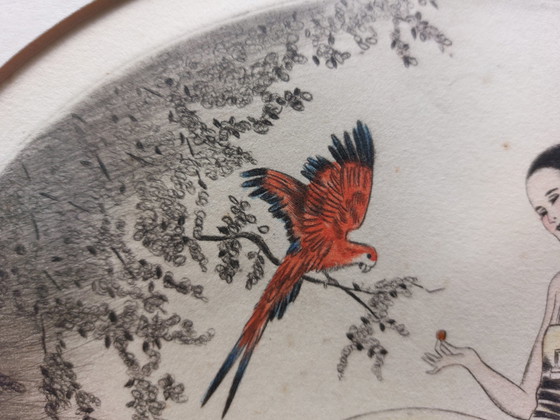 Image 1 of Incisioni a colori Art Déco. Intitolate "Ragazza con pappagallo rosso", 