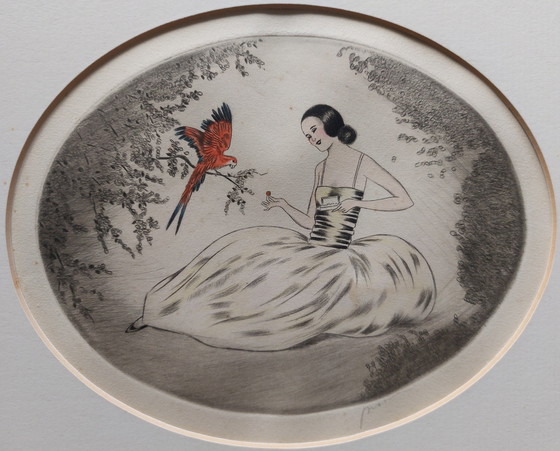 Image 1 of Incisioni a colori Art Déco. Intitolate "Ragazza con pappagallo rosso", 