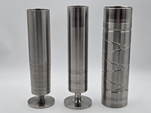 3 Industrial Cylinder Vases Of Stainless Steel