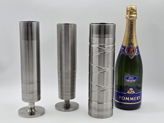 Image 1 of 3 Industrial Cylinder Vases Of Stainless Steel