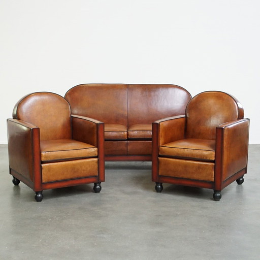 2 X Sheep Leather Art Deco Armchair And Sofa