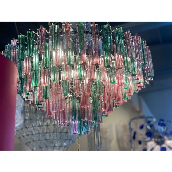 Image 1 of 1970S Italian Vintage Green And Pink "Quadriedro" Murano Glass Chandelier